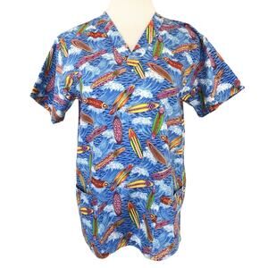 Med Gear Scrub Top V Neck Surf Boards Motif Short Sleeves Blue Size Small